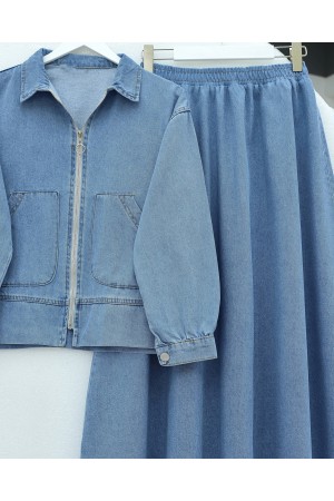 Önü Fermuarlı Çift Cepli Etekli Kot Takım -Buz Mavi