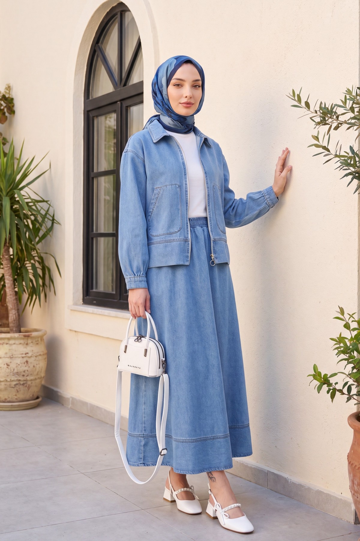 Front Zippered Double Pocket Skirted Denim Suit -Ice Blue