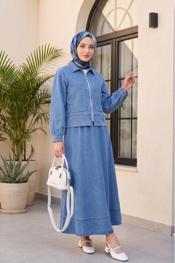 Front Zippered Double Pocket Skirted Denim Suit -Ice Blue