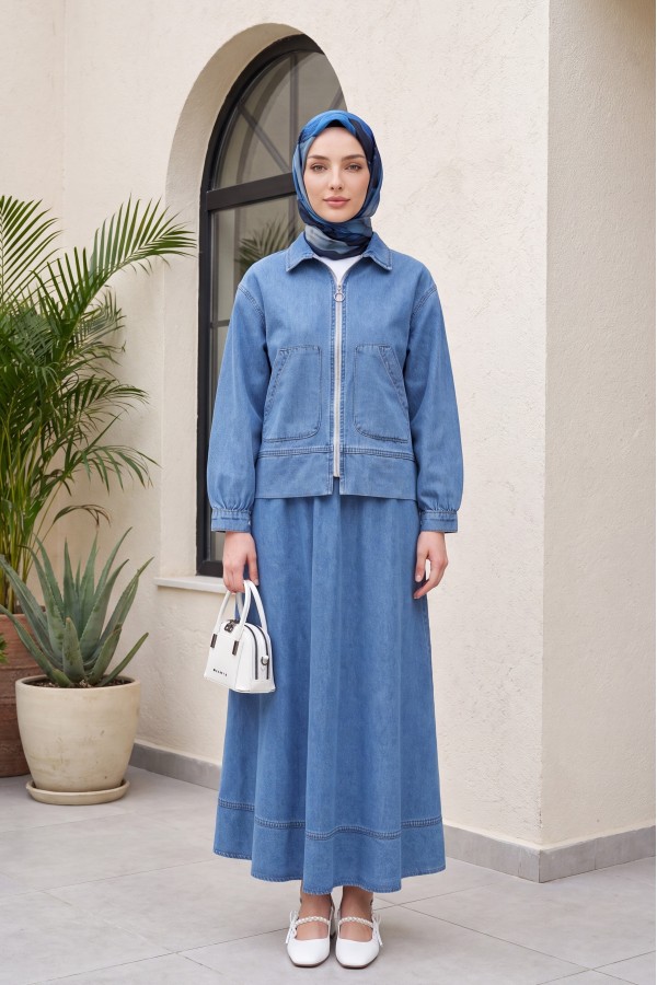 Front Zippered Double Pocket Skirted Denim Suit -Ice Blue