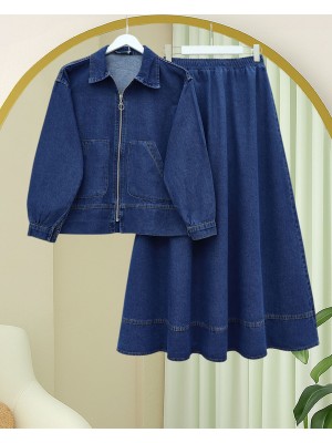 Önü Fermuarlı Çift Cepli Etekli Kot Takım -İndigo