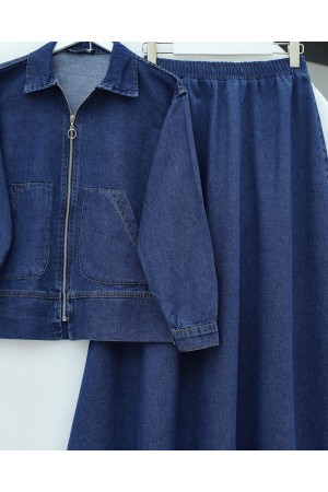 Önü Fermuarlı Çift Cepli Etekli Kot Takım -İndigo