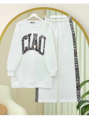 Önü Yazılı Leopar Deseni Detaylı Üç İplik Sweat Takım  -Beyaz