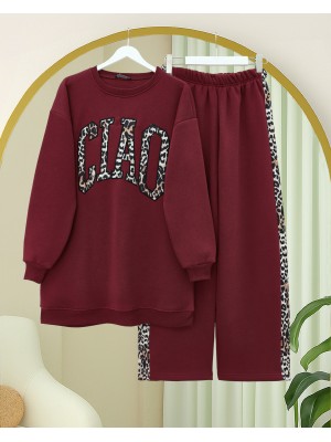 Önü Yazılı Leopar Deseni Detaylı Üç İplik Sweat Takım  -Bordo