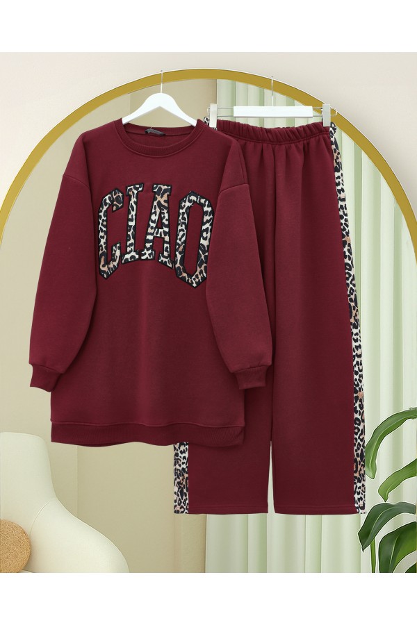 Önü Yazılı Leopar Deseni Detaylı Üç İplik Sweat Takım  -Bordo