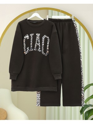 Önü Yazılı Leopar Deseni Detaylı Üç İplik Sweat Takım  -K. Kahve