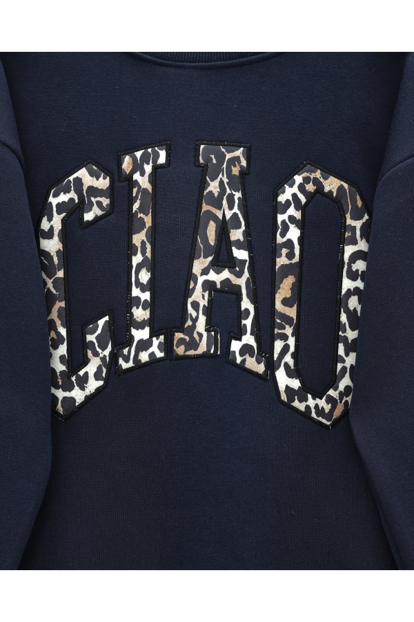 Three-Thread Sweat Suit with Leopard Pattern Detail and Front Writing -Navy blue
