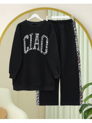 Önü Yazılı Leopar Deseni Detaylı Üç İplik Sweat Takım  -Siyah
