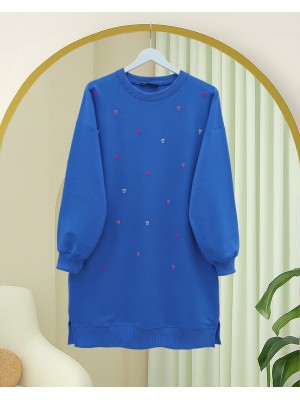 Yuvarlak Yaka Kalp Desenli Penye Tunik  -Mavi