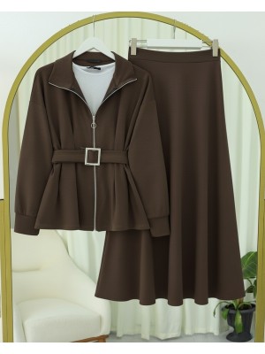 Beli Katlamalı Önü Fermuarlı Kemerli Etekli Penye Takım  -K. Kahve