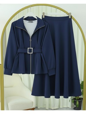 Beli Katlamalı Önü Fermuarlı Kemerli Etekli Penye Takım  -Laci