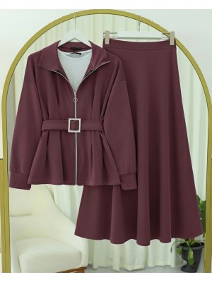 Beli Katlamalı Önü Fermuarlı Kemerli Etekli Penye Takım  -Mürdüm