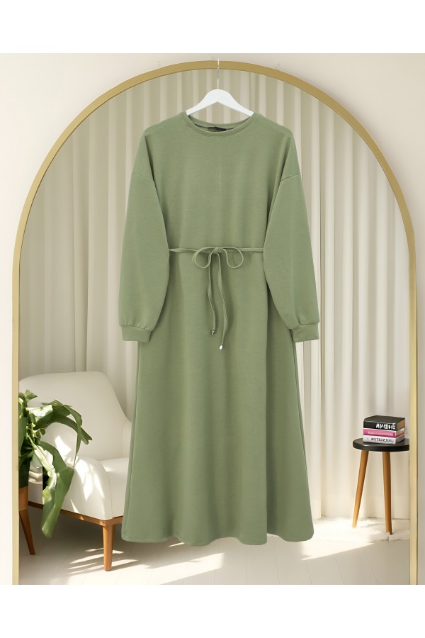 Round Neck Belted Long Cotton Dress -Cagla Green