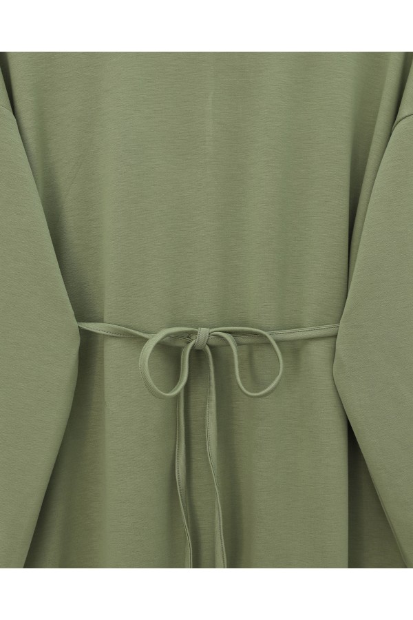 Round Neck Belted Long Cotton Dress -Cagla Green