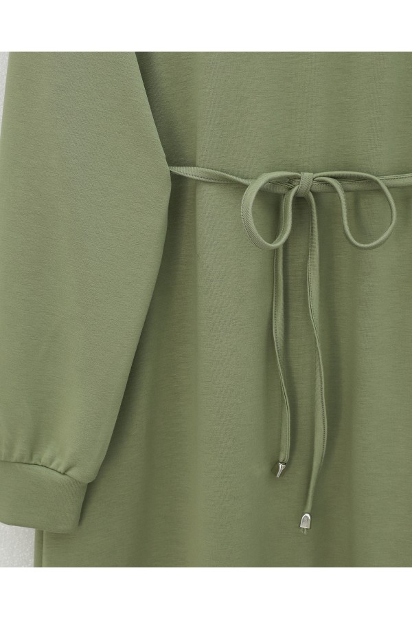 Round Neck Belted Long Cotton Dress -Cagla Green