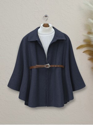 Omuzu Düğmeli Beli Kemerli Kaşe Panço  -Laci