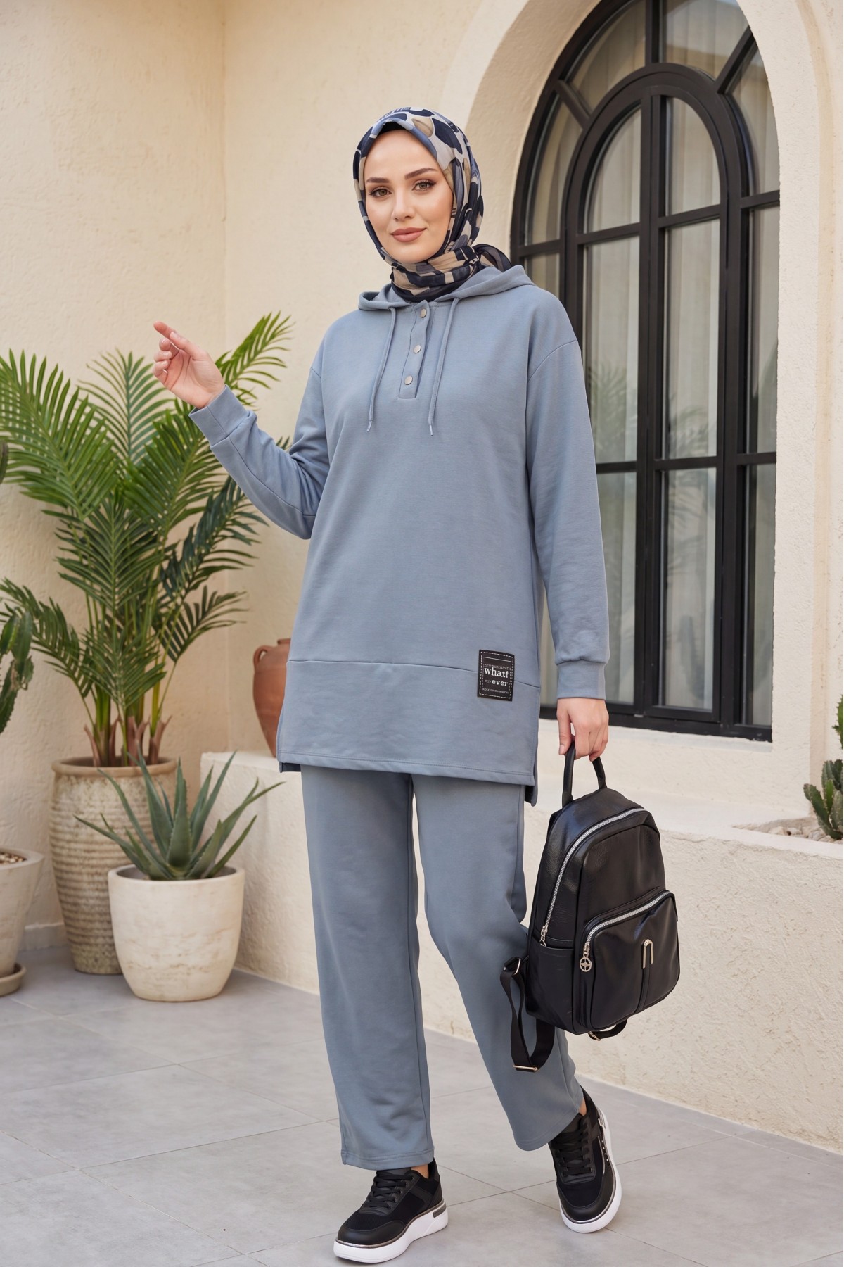 Double Combed Cotton Suit with Snap Fastener Crest Detail   -Silver detay görseli