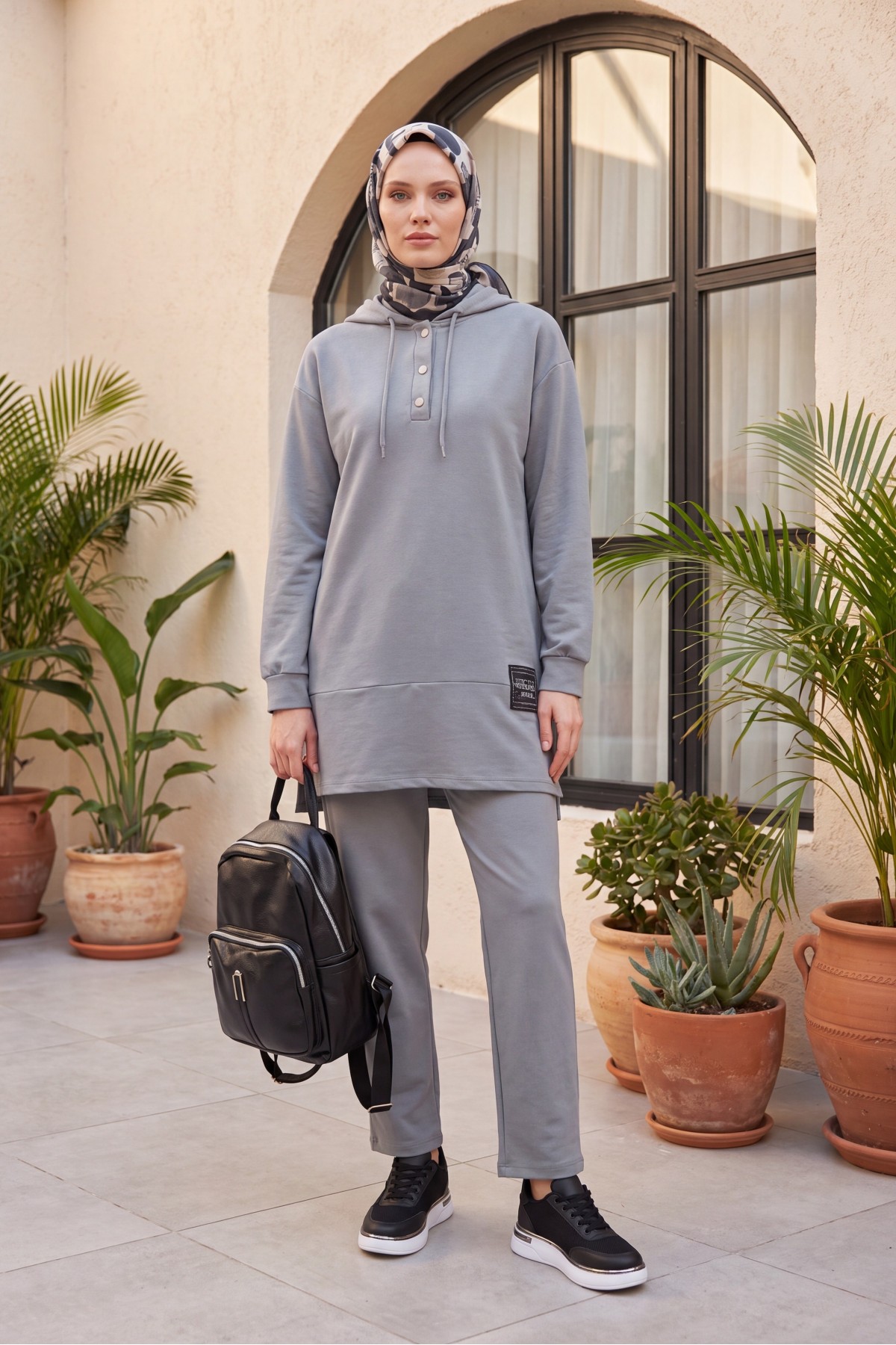 Double Combed Cotton Suit with Snap Fastener Crest Detail   -Silver
