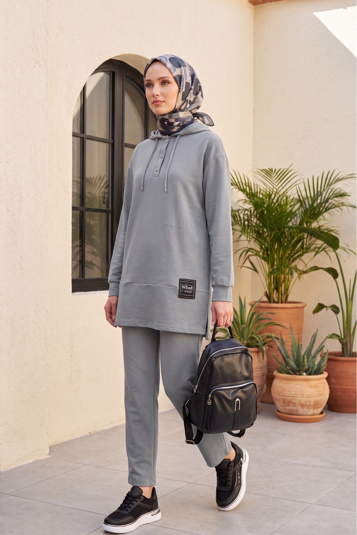 Double Combed Cotton Suit with Snap Fastener Crest Detail   -Silver