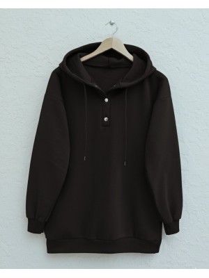Snap Collar Hooded Raised Three Thread Sweater   -Dark Coffee