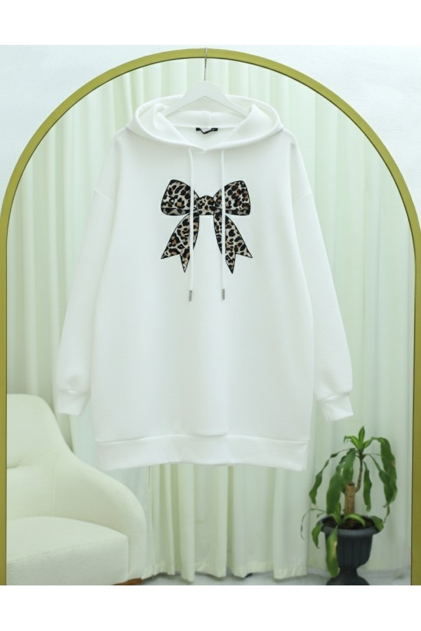 Bow Detailed Hooded Cotton Sweater -White