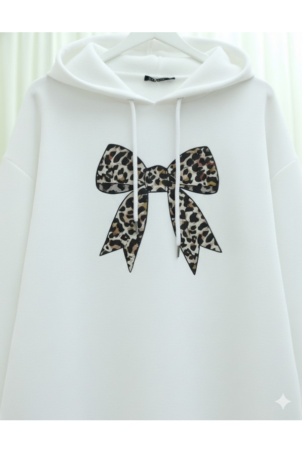 Bow Detailed Hooded Cotton Sweater -White