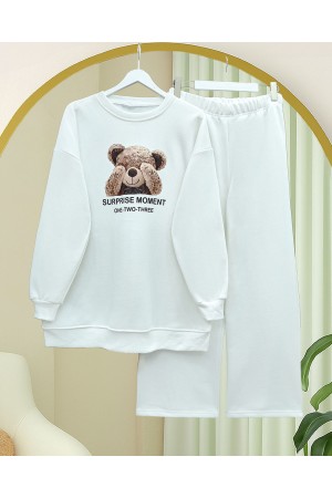 Teddy Bear Printed Raised 3 Yarn Sweat Suit -White