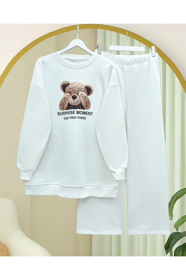 Teddy Bear Printed Raised 3 Yarn Sweat Suit -White
