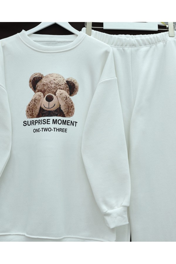 Teddy Bear Printed Raised 3 Yarn Sweat Suit -White