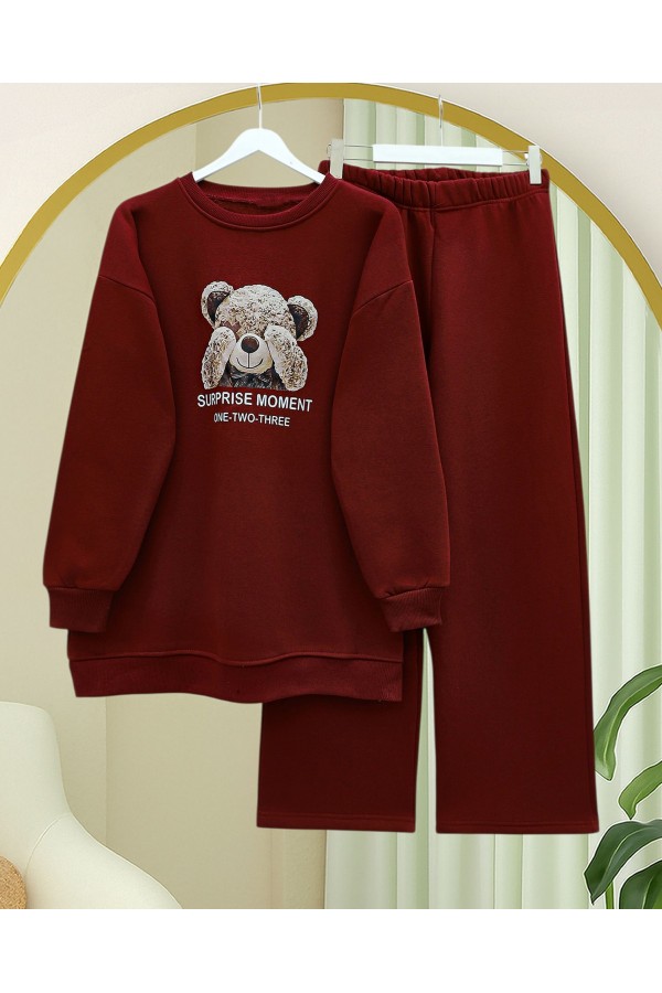 Ayıcık Baskılı Şardonlu 3 İplik Sweat Takım  -Bordo