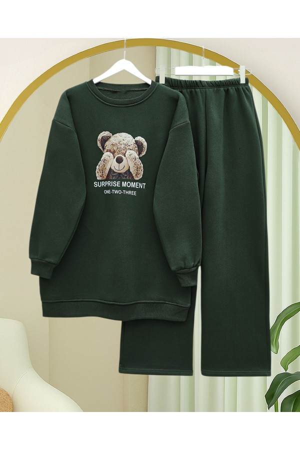 Teddy Bear Printed Raised 3 Yarn Sweat Suit -Khaki