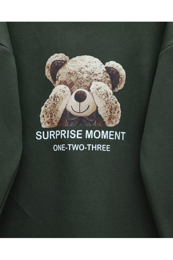 Teddy Bear Printed Raised 3 Yarn Sweat Suit -Khaki