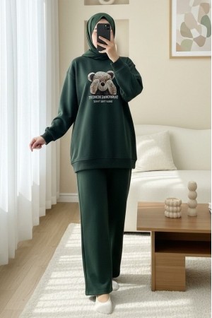 Ayıcık Baskılı Şardonlu 3 İplik Sweat Takım  -Haki