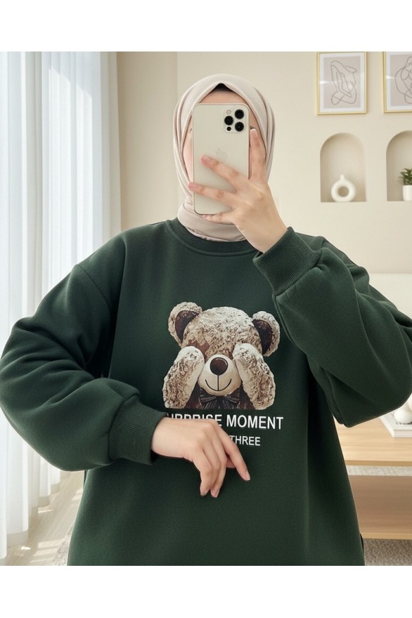 Teddy Bear Printed Raised 3 Yarn Sweat Suit -Khaki