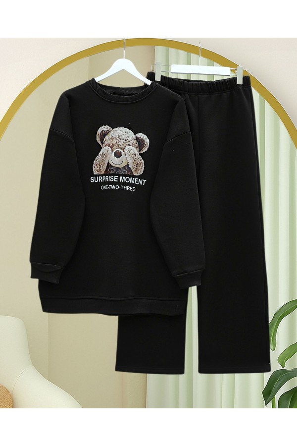 Teddy Bear Printed Raised 3 Yarn Sweat Suit -Black