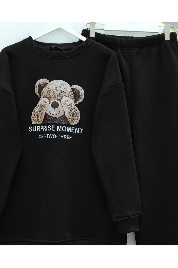 Teddy Bear Printed Raised 3 Yarn Sweat Suit -Black