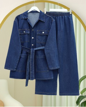 بدلة جينز بحزام على الخصر وجيوب وأزرار  أمامية -اللون النيلي