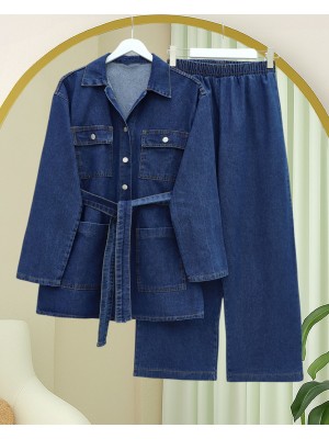 Beli Kemerli Cepli Önü Düğmeli Kot Takım -İndigo