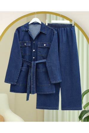 Beli Kemerli Cepli Önü Düğmeli Kot Takım -İndigo