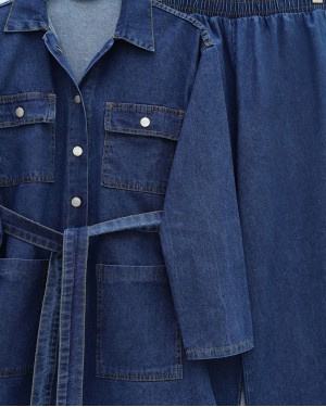 بدلة جينز بحزام على الخصر وجيوب وأزرار  أمامية -اللون النيلي