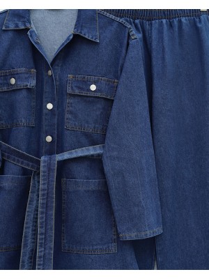 Beli Kemerli Cepli Önü Düğmeli Kot Takım -İndigo