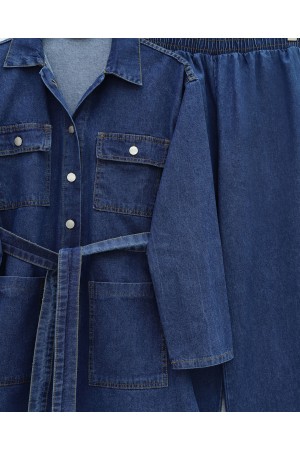 Beli Kemerli Cepli Önü Düğmeli Kot Takım -İndigo