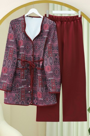 Beli Bağlamalı Çift Cepli Desenli Scuba Takım -Bordo