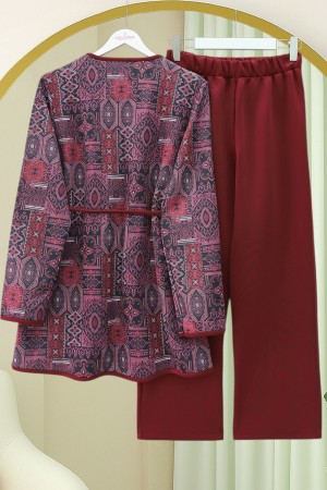 Beli Bağlamalı Çift Cepli Desenli Scuba Takım -Bordo