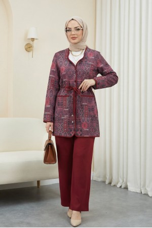Beli Bağlamalı Çift Cepli Desenli Scuba Takım -Bordo