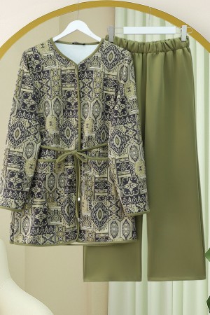 Tied Waist Double Pocket Patterned Scuba Suit -Khaki