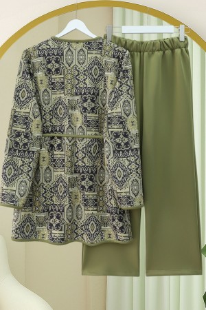 Tied Waist Double Pocket Patterned Scuba Suit -Khaki