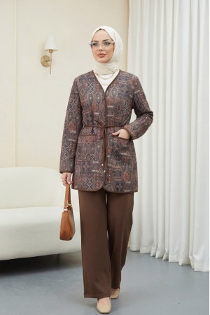 Beli Bağlamalı Çift Cepli Desenli Scuba Takım -Kahve