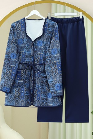 Beli Bağlamalı Çift Cepli Desenli Scuba Takım -Laci