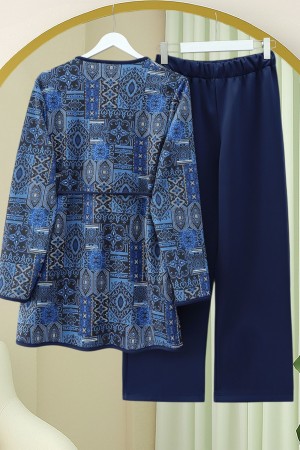 Beli Bağlamalı Çift Cepli Desenli Scuba Takım -Laci